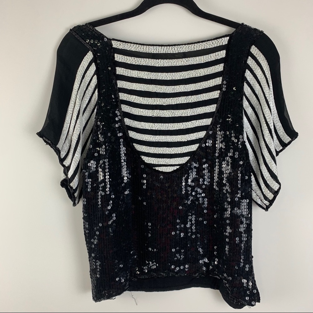 Vintage Silk Sequin Short Sleeve Striped Blouse M - Picture 5 of 7